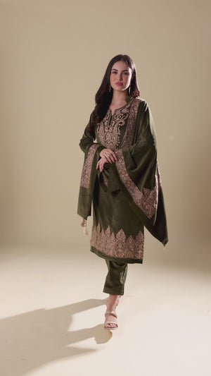 Green Embroidered Velvet Straight Salwar Suit