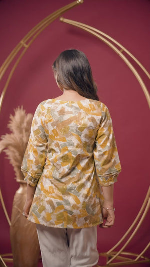 Mustard Abstract Printed Pure Cotton A-Line Top