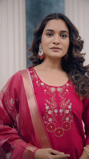 Red Hand Work Embroidered Viscose Slub Silk Straight Salwar Suit