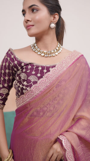 Sophisticated Purple Solid Moss Orgnaza Saree With Intricate Cording Sequins Embroidery Border