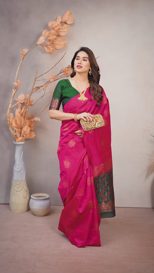 Pink Floral Woven Banarasi Silk Saree