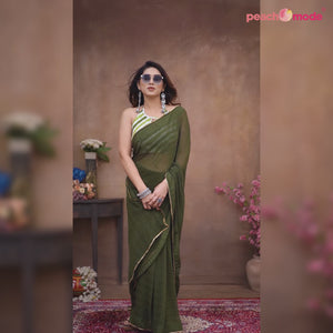 Green Woven Checks Ready To Wear Georgette Saree