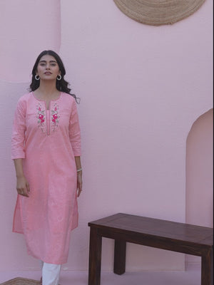 Peach Cotton Straight Kurti with Delicate Neck Embroidery