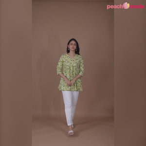 Green Floral Printed Pure Cotton A-Line Top
