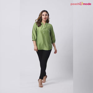 Green Solid Poly Chinon Straight Top