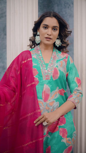 Sea Green Floral Printed Cotton Silk Straight Salwar Suit