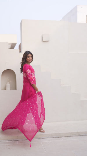 Pink Floral Printed Muslin Salwar Suit With Handwork