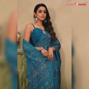 Teal Printed Crepe Saree