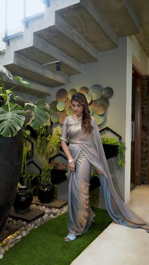 Lavender Stone Work Embroidered Satin Silk Saree
