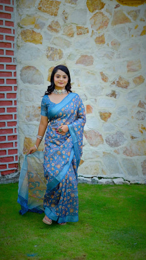 Beautiful Teal Tissue Handloom Saree with Detailed Digital Floral Embellishments