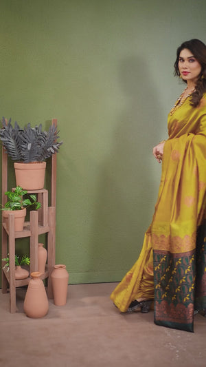 Mustard Floral Woven Banarasi Silk Saree