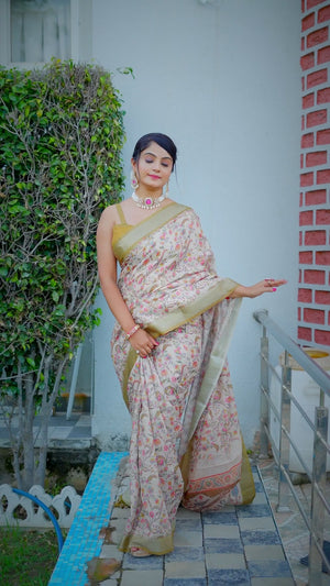Beautiful Light Beige Tissue Handloom Saree with Detailed Digital Floral Embellishments