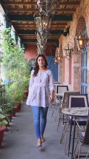 Grey Floral Printed Pure Cotton A-Line Top