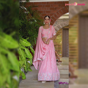 Pink Sequins Floral Embroidered Chiffon Lehenga Choli
