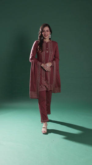 Mauve Woven Woolen Straight Salwar Suit