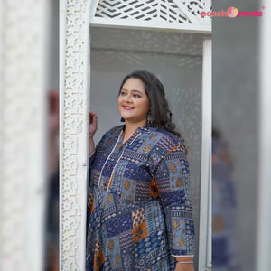 Blue Floral Printed Rayon Long Kurti