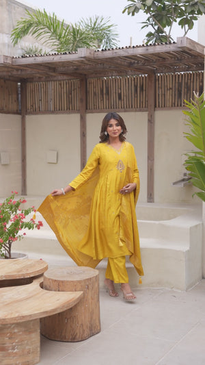 Mustard Hand Ari Work Muslin Anarkali Style Salwar Suit