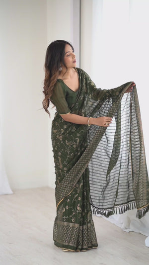 Mehendi Green Georgette Saree with Shimmering Foil Print & Gota Patti Border