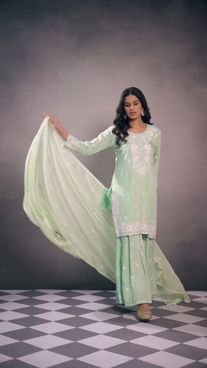 Sea Green Floral Embroidered Muslin Straigth Sharara Suit