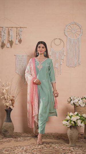 Sea Green Beads Embroidered Chanderi Silk Straight Salwar Suit