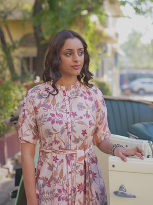 Peach Floral Printed Pure Cotton Front Split Kurti