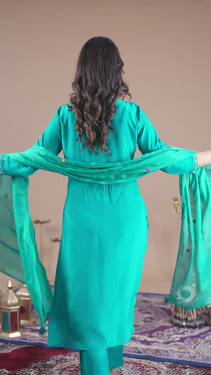 Turquoise Beads Work Embroidered Crepe Salwar Suit