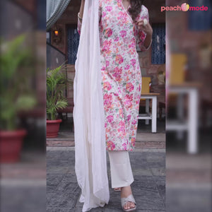 White & Pink Floral Angrakha Style Pure Cotton Suit With Foil Print