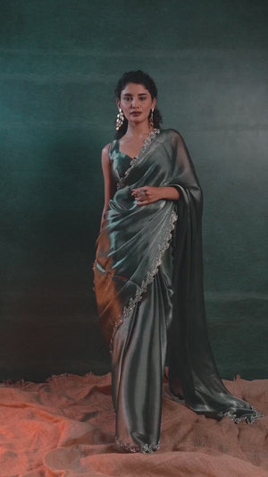 Sacramento Green Party Wear Saree Stone Embellished Tissue Chiffon Fabric