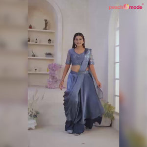 Blue Sequins Embroidered Ready To Wear Art Silk Saree