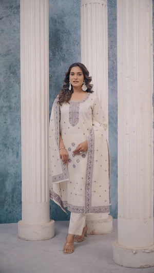 Off White & Wine Jacquard Weaving Pure Cotton Straight Salwar Suit
