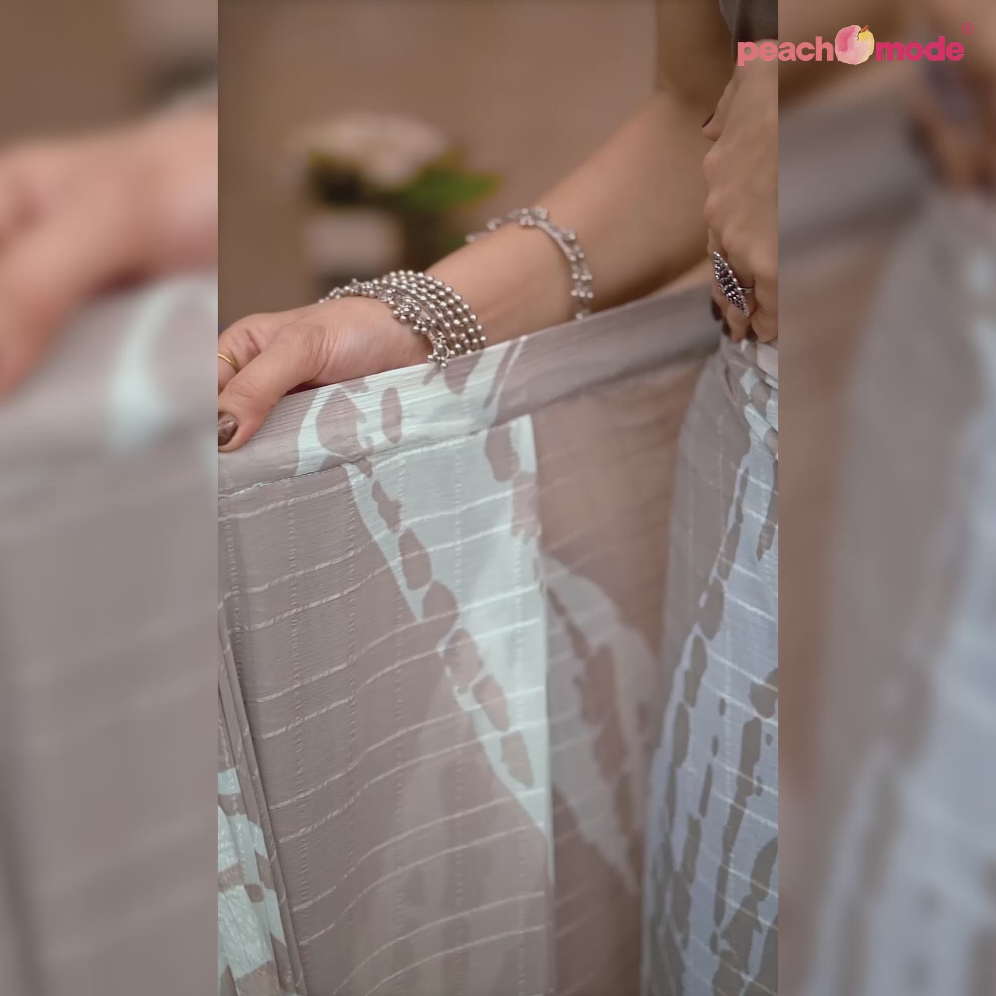 Light Grey Woven With Printed Ready To Wear Georgette Saree