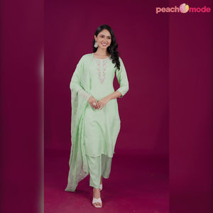 Pista Green Embroidered Muslin Straight Salwar Suit