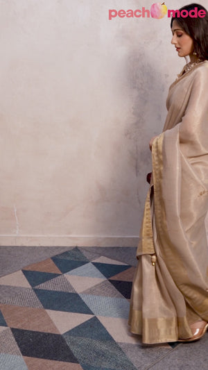 Grey Beads Work Woven Linen Slub Saree