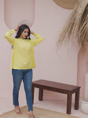 Bright Lemon Yellow Solid Cotton Top With Flowy A-Line Fit