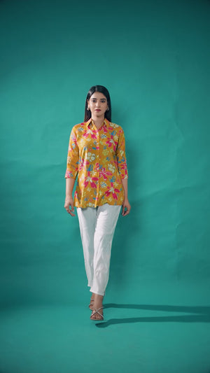 Brown Floral Printed Muslin Straight Top