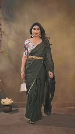 Mehendi Green Solid Sparkling Georgette Saree Enhanced With Shimmering Mirror Border