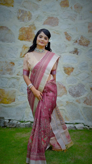 Beautiful Brown Tissue Handloom Saree with Detailed Digital Floral Embellishments