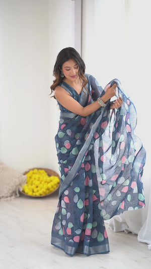 Dark Blue Linen Saree With Graceful All Over Leaf Pattern