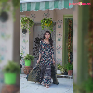 Green Floral Foil Printed Rayon Sharara Suit With Handcrafted