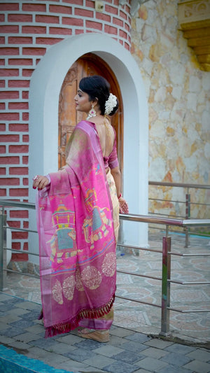 Beautiful Light Cream Tissue Handloom Saree with Detailed Digital Floral Embellishments