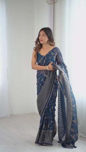Morpich Blue Georgette Saree with Shimmering Foil Print & Gota Patti Border