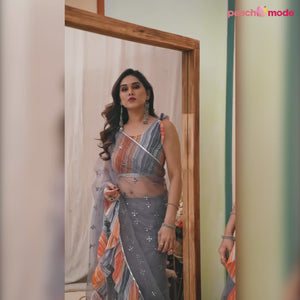 Grey Mirror Work Embroidered Net Ruffle Saree