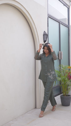 Olive Green Floral Embroidery Organza Co-Ord Set