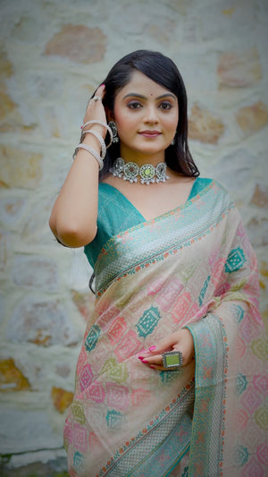 Beautiful Beige Tissue Handloom Saree with Detailed Digital Floral Embellishments