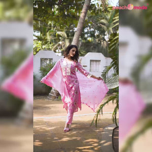 Pink Straight Pure Cotton Suit With Foil Print & Yoke Embroidery