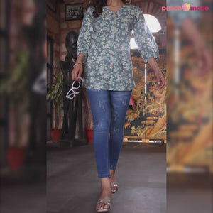 Grey Floral Printed Pure Cotton Top