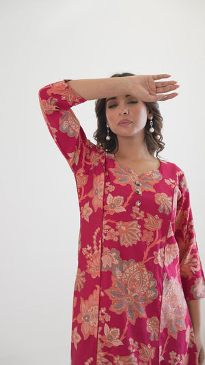 Red Chanderi Silk Kurti Dress with Artistic Floral Prints