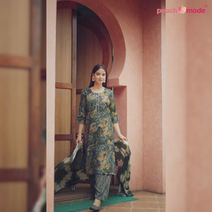 Green Floral Foil Printed Rayon Suit
