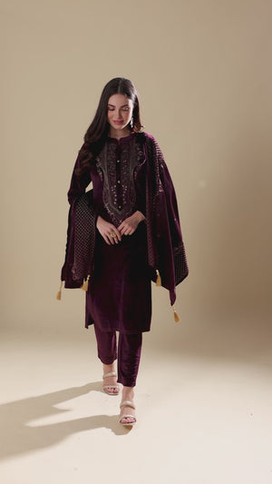 Wine Embroidered Woolen Straight Salwar Suit