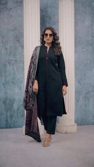 Black Weaving Woolen Front Slit Salwar Suit